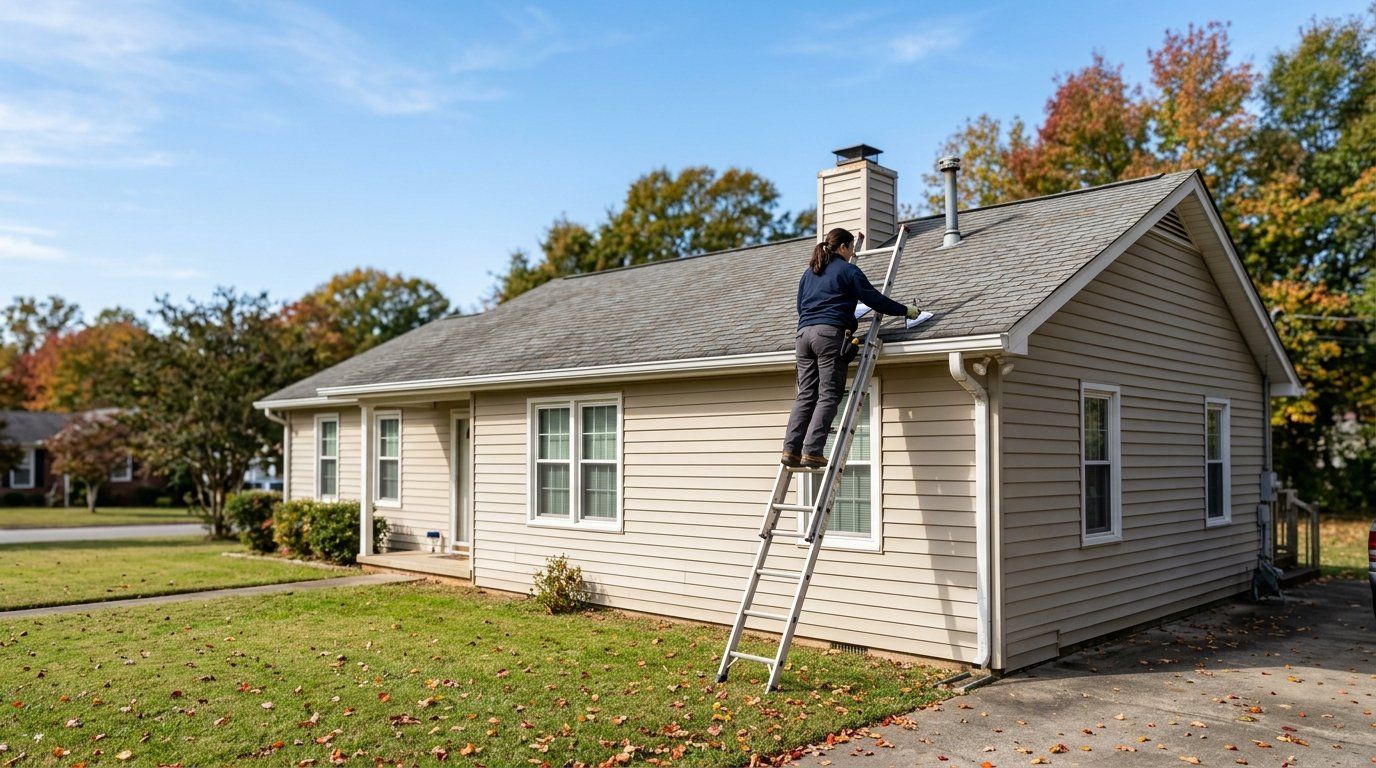 Home inspector performing a pre-listing home inspection on a residential roof in Anniston during fall